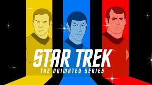 the animated series logo with kirk, spock, and scotty in the background