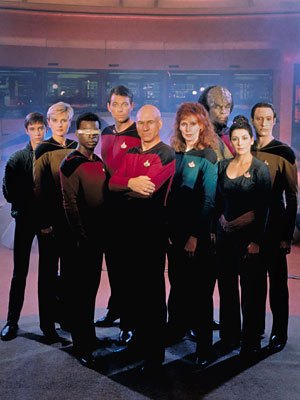 Wesley, Yar, La Forge, Riker, Picard, Dr. Crusher, Worf, Troi, and Data