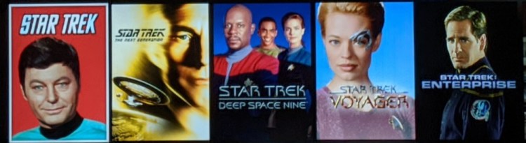 from left to right, Star Trek, TNG, DS9, Voyager, and Enterprise