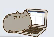 Pusheen the cat at their laptop