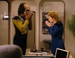 Worf and Pulaski share Klingon tea
