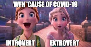 Anna and Elsa: "WFH because of Covid-19, introvert (anna excited) vs. extrovert (elsa worried)