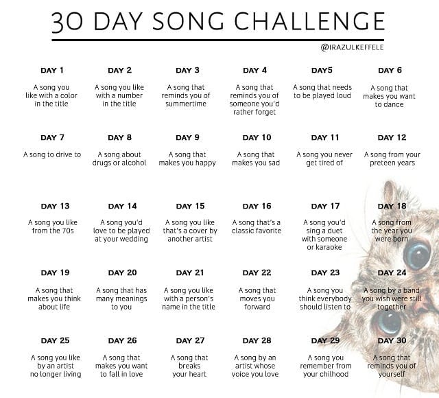 30 day song challenge, the rest of the article will go through all of the words on this image ... it's WAAAY to much to type for alt text, but there is a picture of a cat in the bottom right hand corner.