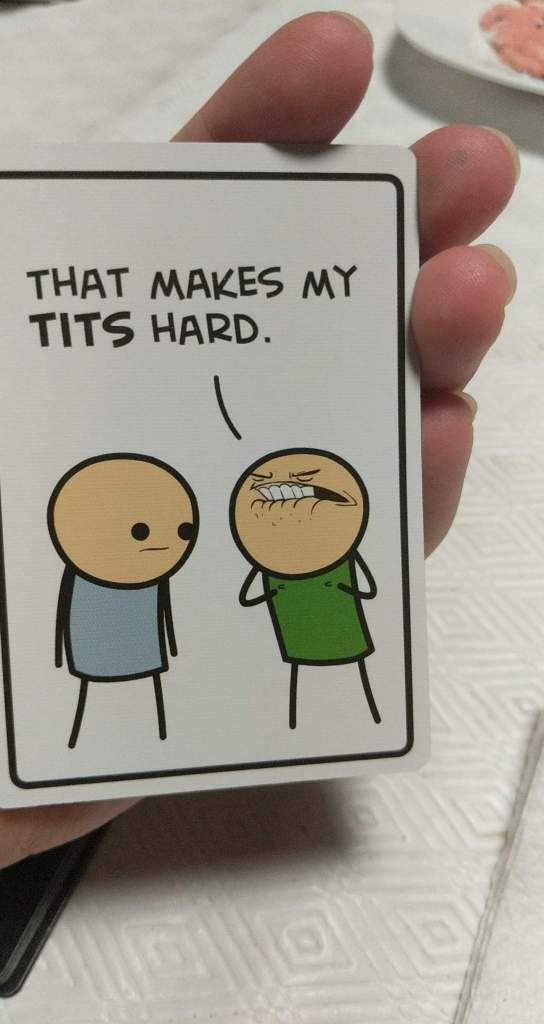 a "joking hazard" card that reads "that makes my tits hard"