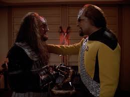 K'mtar and Worf having a moment at the end of the episode