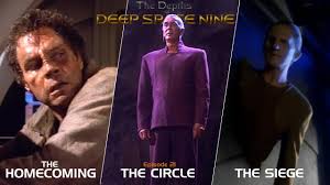 Li, Jaro, and Odo n front of a sign for each episode, in order