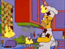 Home Simpson sets the kitchen on fire, and himself