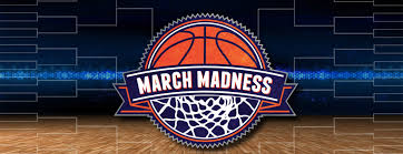 March Madness in a basketball with a bracket behind it