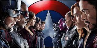 Cap, Falcon, Wanda, Bucky, Hawkeye on the left. Stark, Nat, Rhodey, Vision, Black Panther on the other